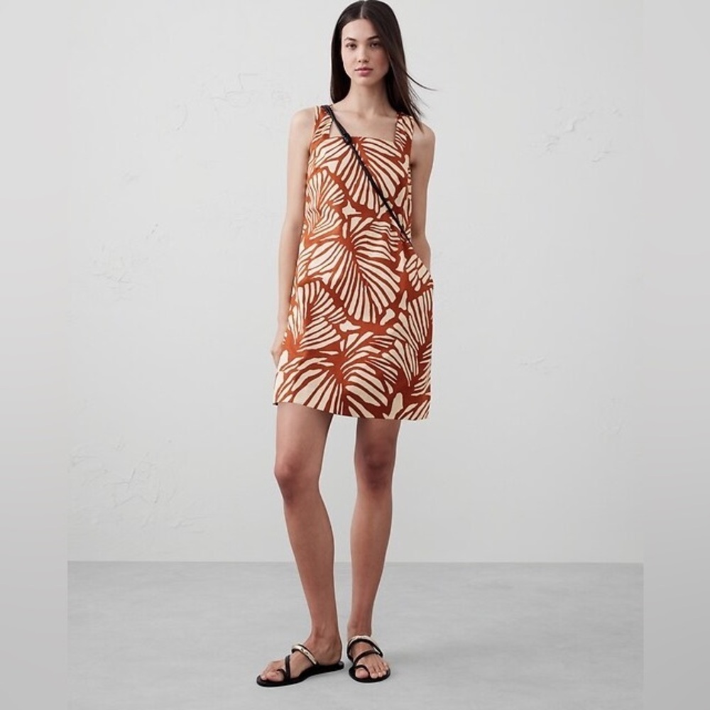 Banana Republic Linen Blend Shift Dress Leaf Print Rust Orange White Women’s L